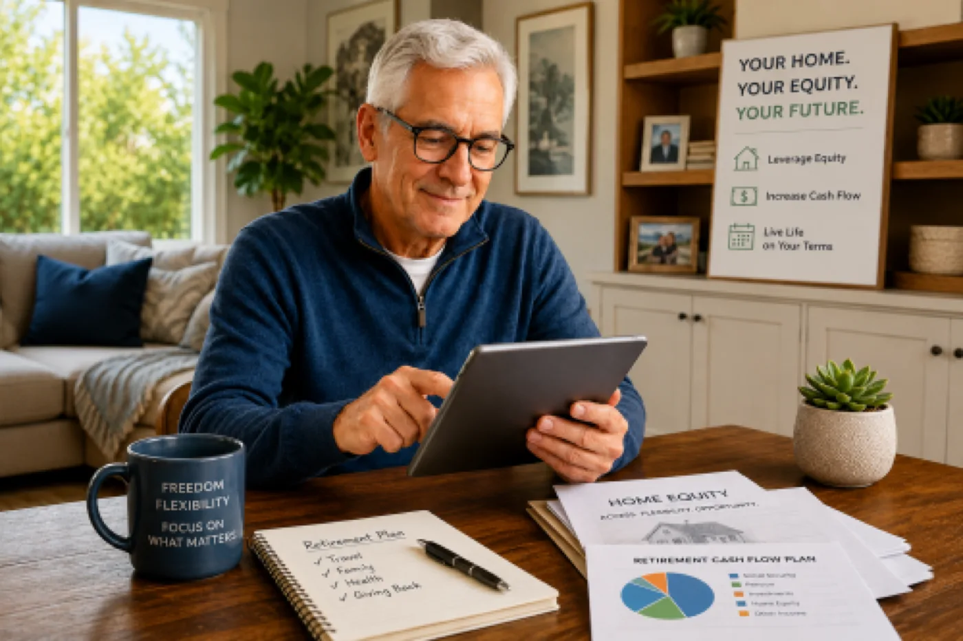 Retired homeowner reviewing retirement finances and exploring HELOC for Seniors home equity options designed for cash flow flexibility.