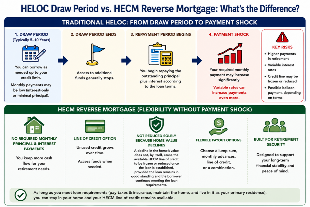 Comparison of a traditional HELOC and HECM reverse mortgage. A HELOC moves from a draw period to repayment and potential payment shock, while a HECM has no required monthly principal and interest payments, offers a growing line of credit, and is not reduced solely because home values decline when loan requirements are met.