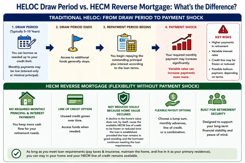Comparison of a traditional HELOC and HECM reverse mortgage. A HELOC moves from a draw period to repayment and potential payment shock, while a HECM has no required monthly principal and interest payments, offers a growing line of credit, and is not reduced solely because home values decline when loan requirements are met.