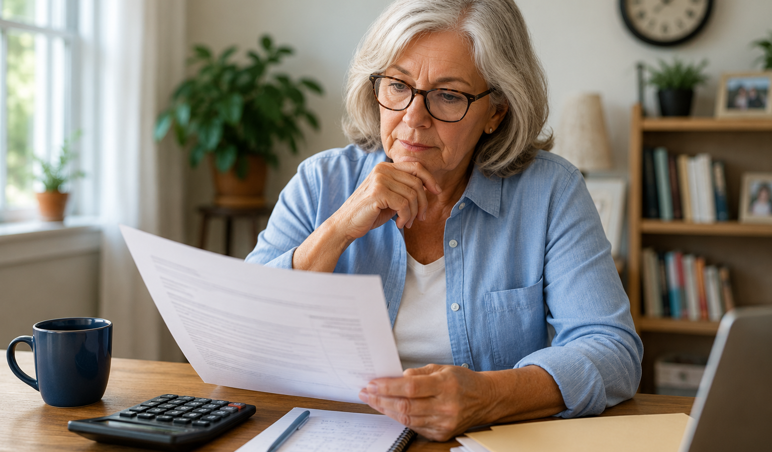 Older homeowner reviewing household finances and monthly expenses in retirement.