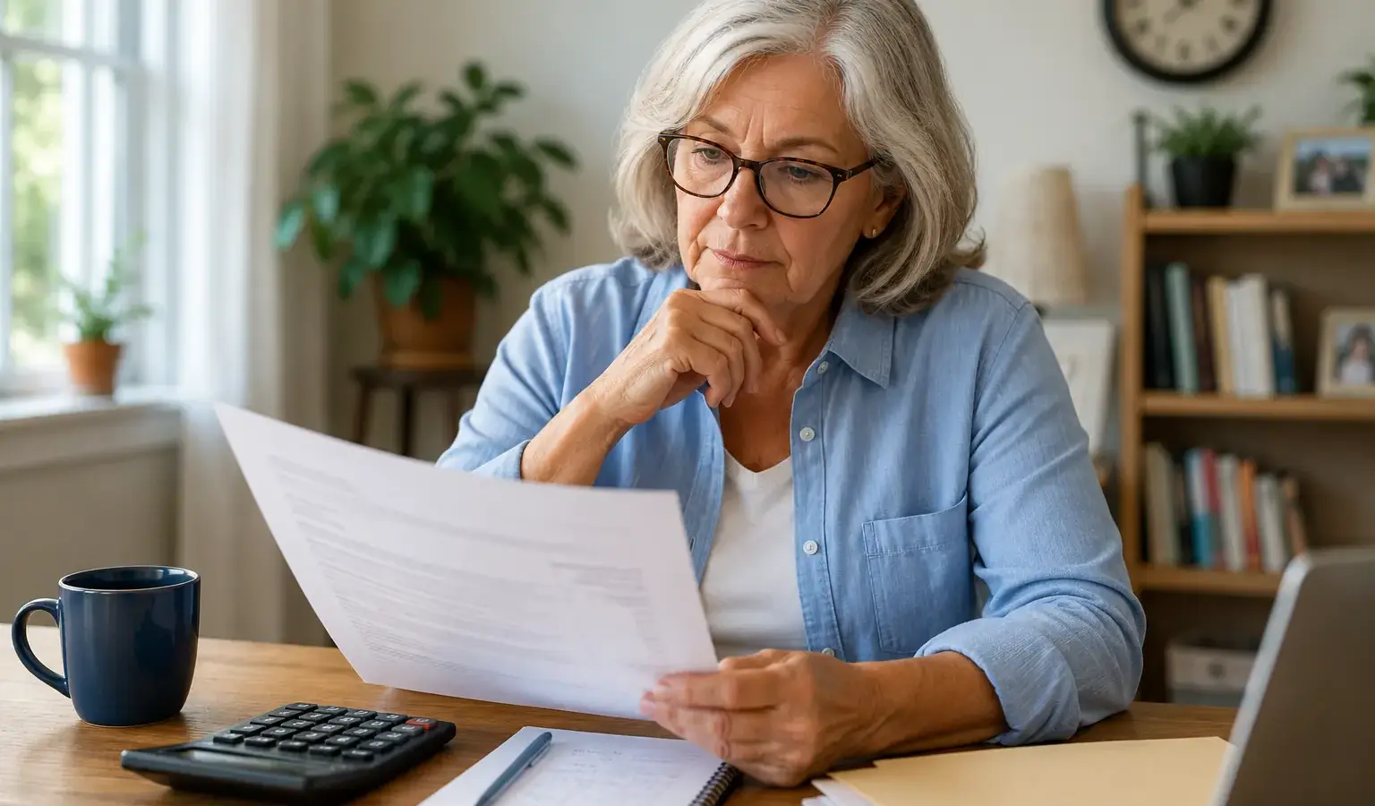 Older homeowner reviewing household finances and monthly expenses in retirement.