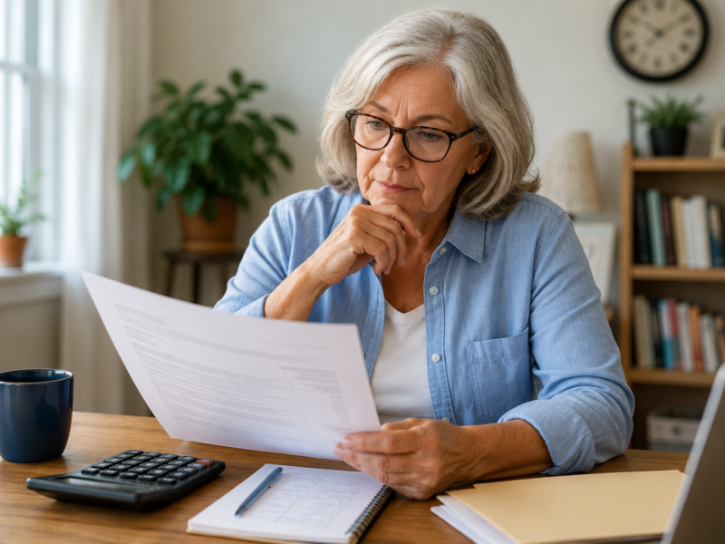 Older homeowner reviewing household finances and monthly expenses in retirement.