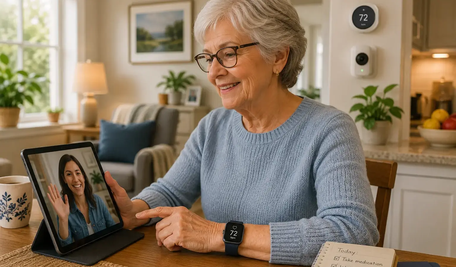 Older woman using wearable technology at home to support safety, independence and aging in place.