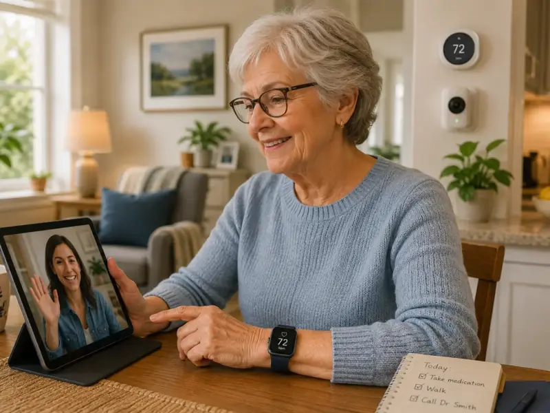 Older woman using wearable technology at home to support safety, independence and aging in place.