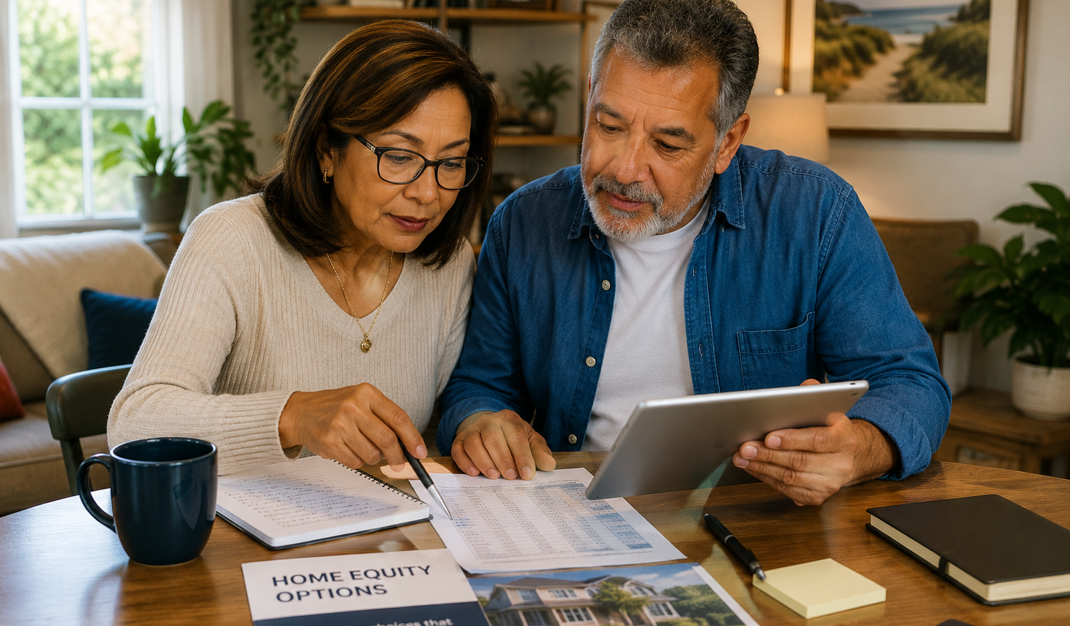 Retired couple reviewing HELOC and home equity options for retirement.