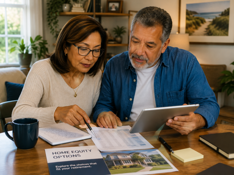 Retired couple reviewing HELOC and home equity options for retirement.