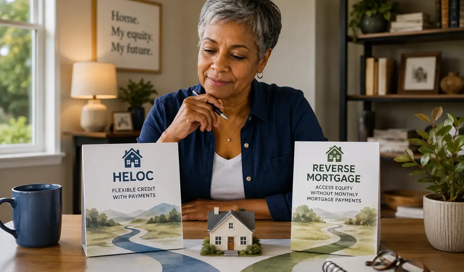 Retired homeowner comparing a HELOC vs reverse mortgage for accessing home equity in retirement.