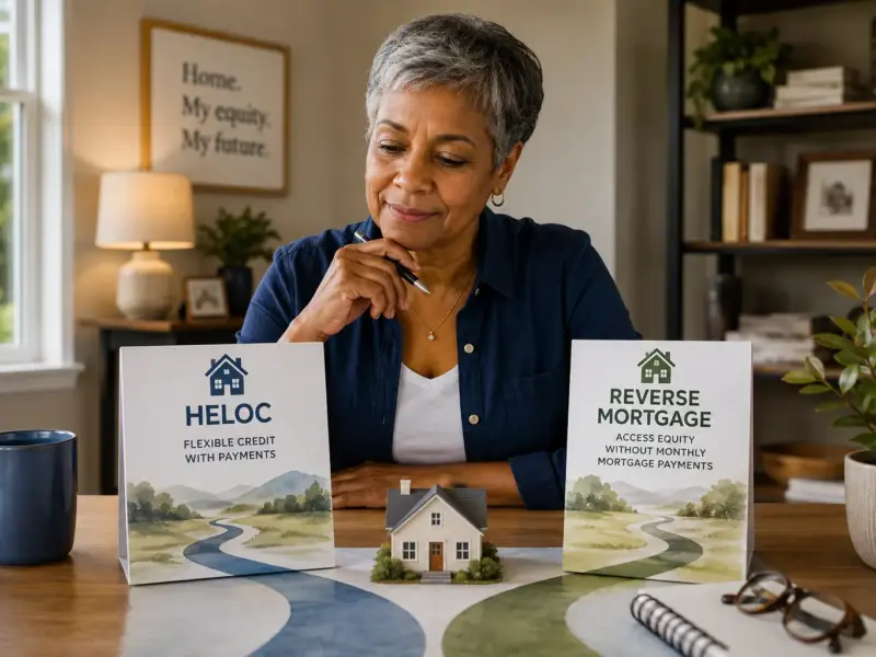 Retired homeowner comparing a HELOC vs reverse mortgage for accessing home equity in retirement.