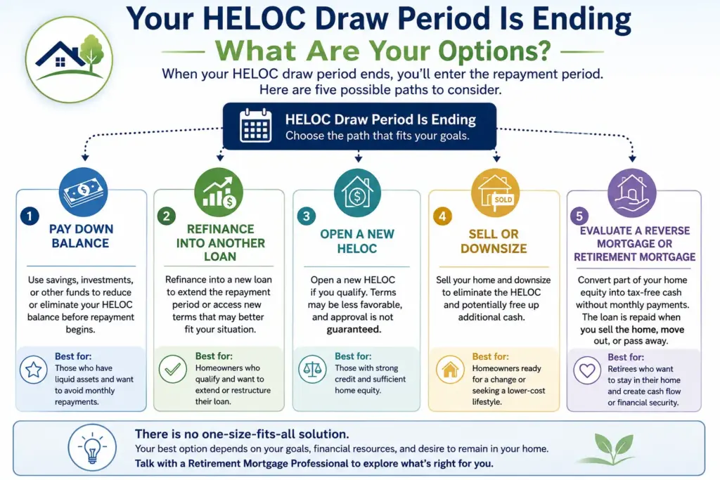Options when a HELOC draw period ends, including paying down the balance, refinancing, a new HELOC, downsizing, or evaluating a reverse mortgage.