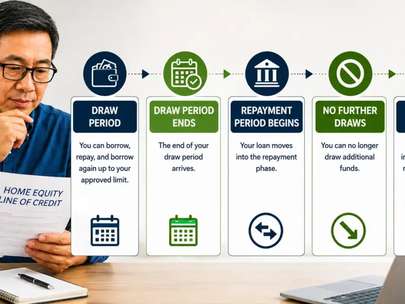 Retired homeowner reviewing how a HELOC draw period ends, stops further draws and transitions into the repayment period.