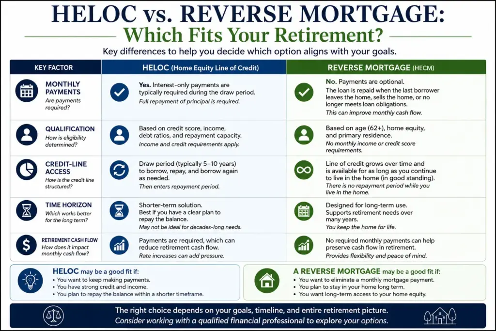 HELOC vs reverse mortgage comparison showing monthly payments, qualification, credit-line access, time horizon, and retirement cash flow.