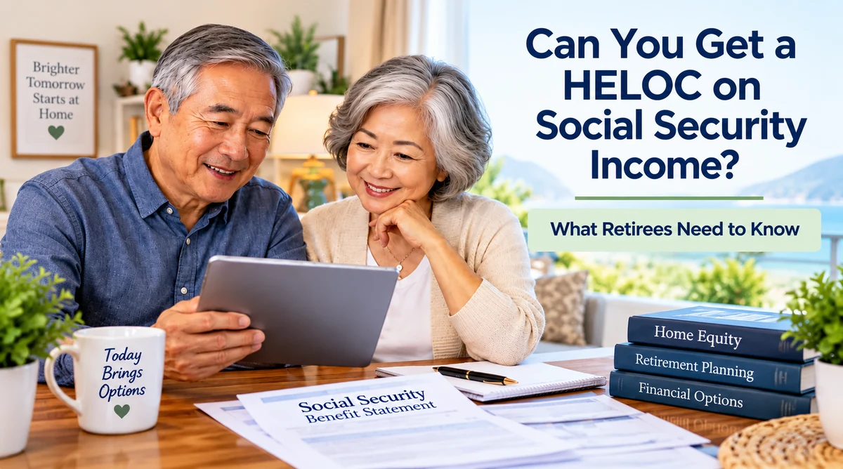 Retired couple reviewing Social Security income and HELOC options for accessing home equity.