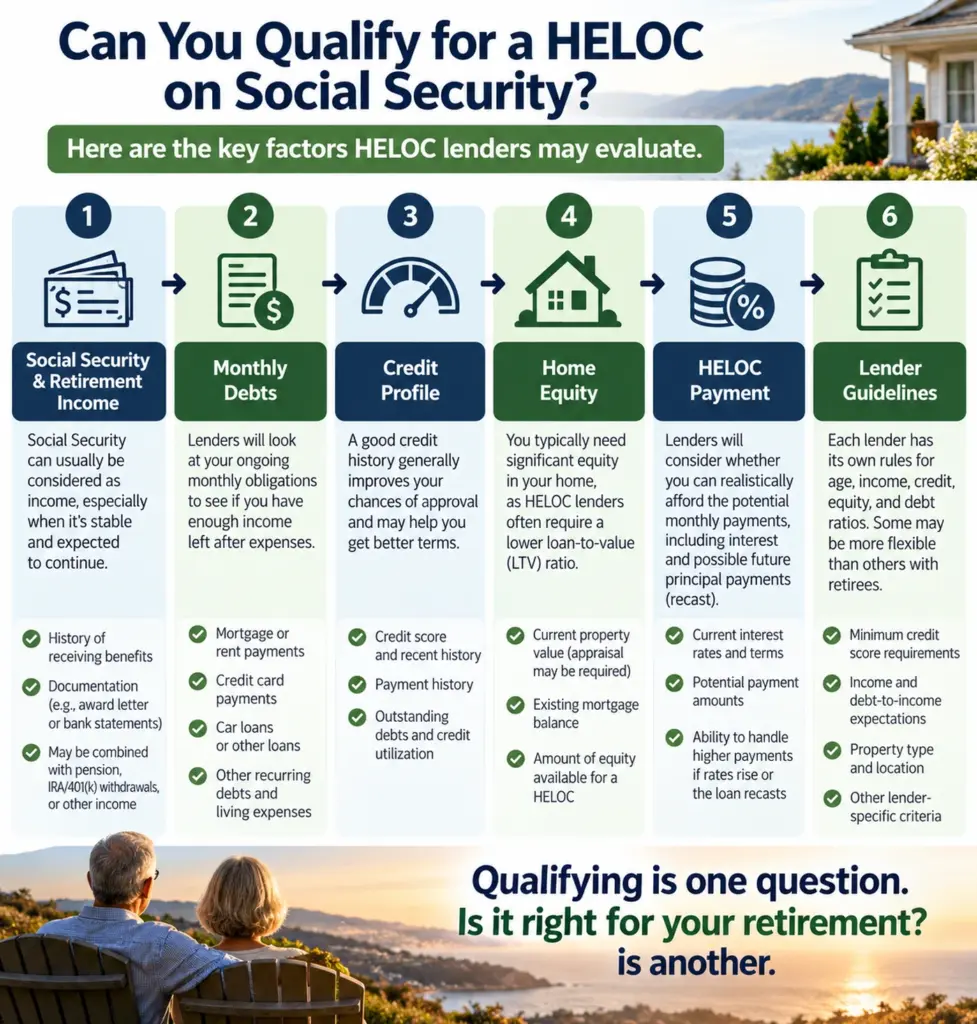HELOC qualification guide showing Social Security income, monthly debts, credit profile, home equity, payment considerations, and lender guidelines.