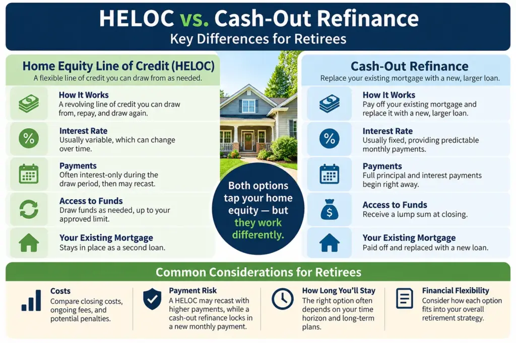 HELOC vs cash-out refinance comparison showing interest rates, payments, access to funds, existing mortgage treatment, costs and retirement considerations.