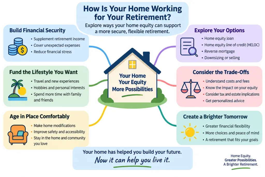 Home equity in retirement mind map showing financial security, lifestyle, aging in place, home equity options, trade-offs and future flexibility.