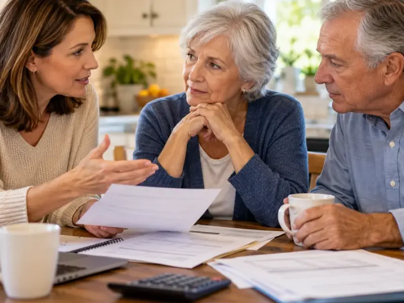 Adult daughter talking with her aging parents about retirement finances and home equity options.