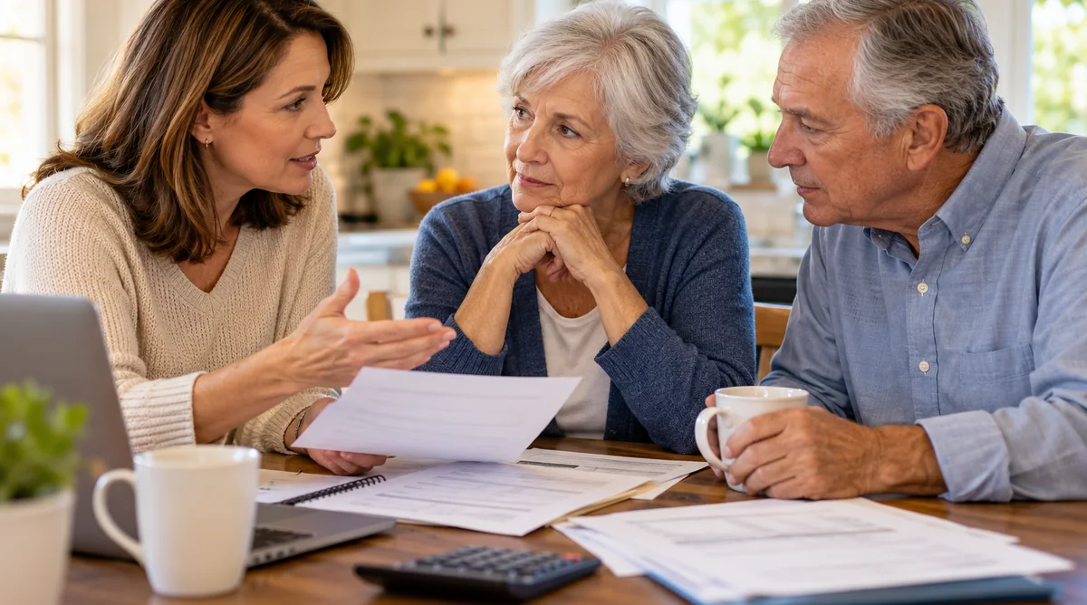 Adult daughter talking with her aging parents about retirement finances and home equity options.
