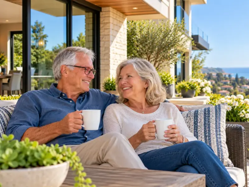 Older couple relaxing at their high-value home while considering proprietary and jumbo reverse mortgage options.