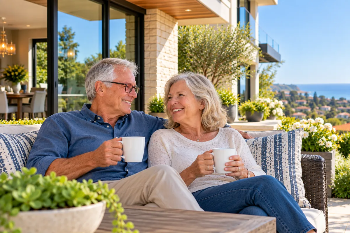 Older couple relaxing at their high-value home while considering proprietary and jumbo reverse mortgage options.